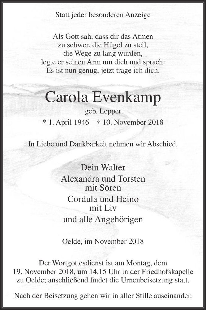  Traueranzeige für Carola Evenkamp vom 17.11.2018 aus Die Glocke