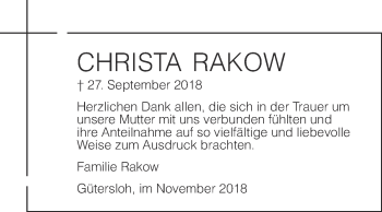 Traueranzeige von Christa Rakow von Die Glocke