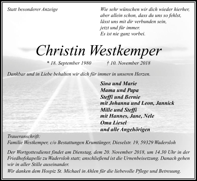  Traueranzeige für Christin Westkemper vom 15.11.2018 aus Die Glocke