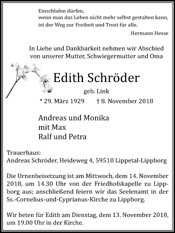 Traueranzeige von Edith Schröder von Die Glocke