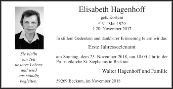 Traueranzeige von Elisabeth Hagenhoff von Die Glocke