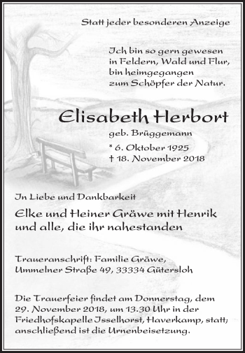 Traueranzeige von Elisabeth Herbort von Die Glocke