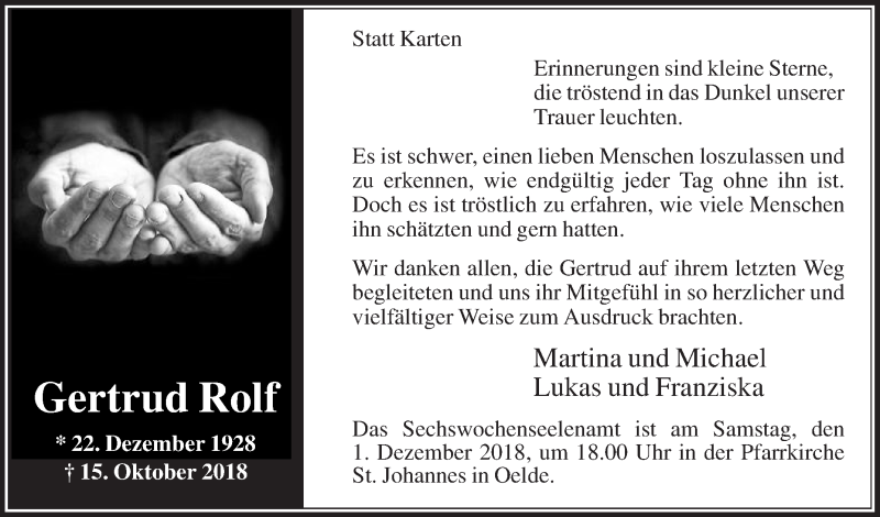  Traueranzeige für Gertrud Rolf vom 24.11.2018 aus Die Glocke