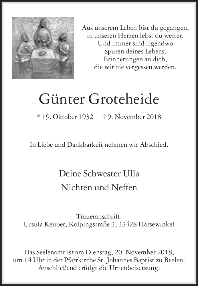  Traueranzeige für Günter Groteheide vom 13.11.2018 aus Die Glocke