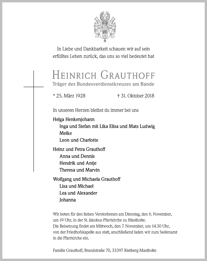  Traueranzeige für Heinrich Grauthoff vom 03.11.2018 aus Die Glocke