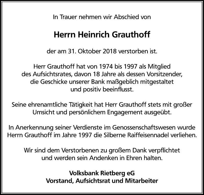  Traueranzeige für Heinrich Grauthoff vom 03.11.2018 aus Die Glocke