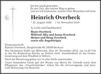 Traueranzeige von Heinrich Overbeck von Die Glocke