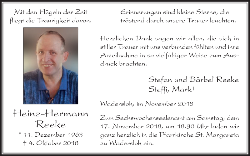  Traueranzeige für Heinz-Hermann Reeke vom 10.11.2018 aus Die Glocke