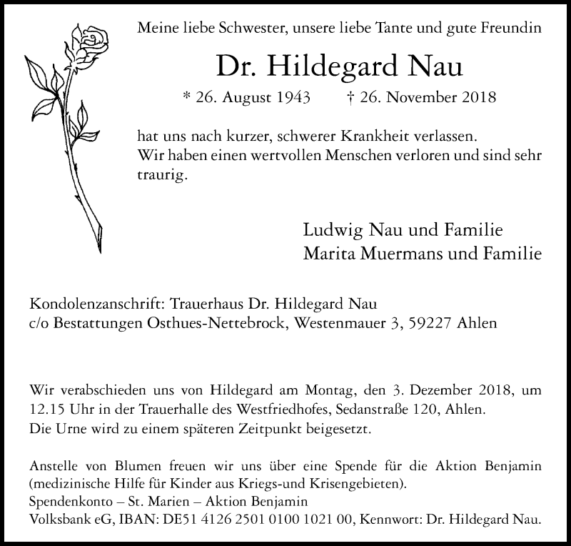  Traueranzeige für Hildegard Nau vom 30.11.2018 aus Die Glocke