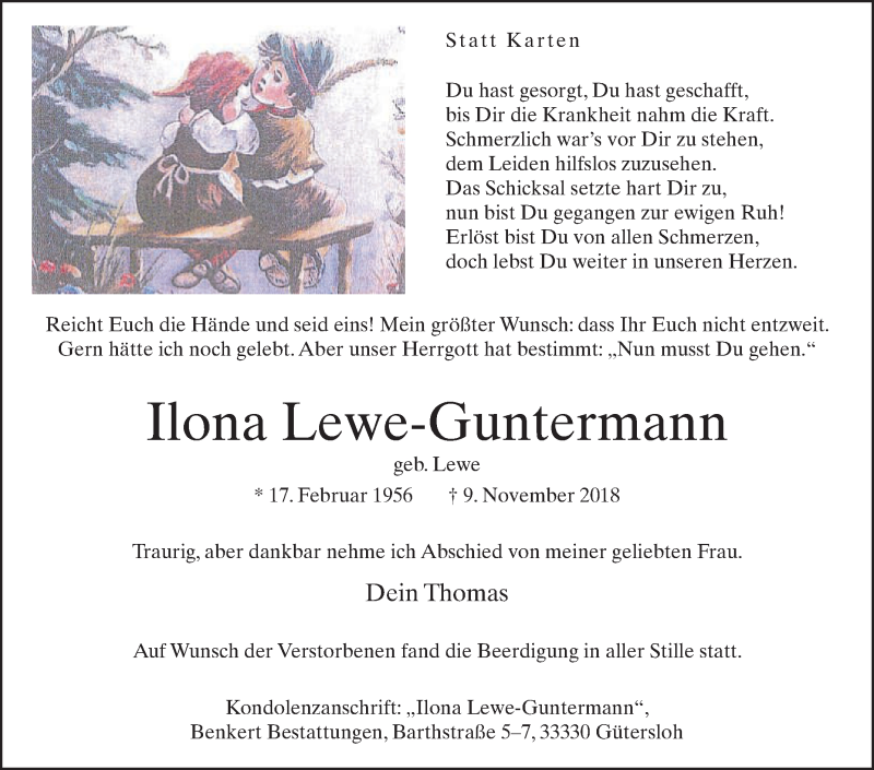  Traueranzeige für Ilona Lewe-Guntermann vom 17.11.2018 aus Die Glocke