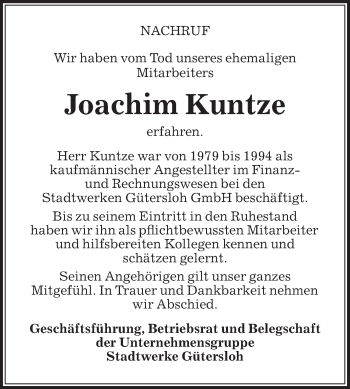 Traueranzeige von Joachim Kuntze von Die Glocke