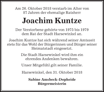 Traueranzeige von Joachim Kuntze von Die Glocke