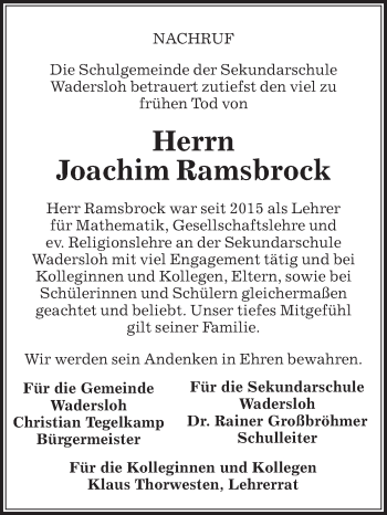 Traueranzeige von Joachim Ramsbrock von Die Glocke