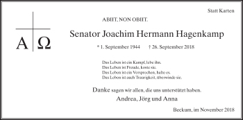 Traueranzeige von Joachim Hermann Hagenkamp von Die Glocke