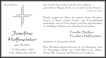 Traueranzeige von Josefine Hoffmeister von Die Glocke