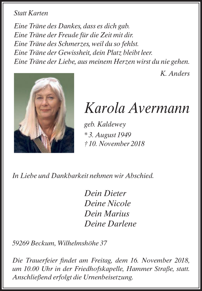 Traueranzeige für Karola Avermann vom 14.11.2018 aus Die Glocke