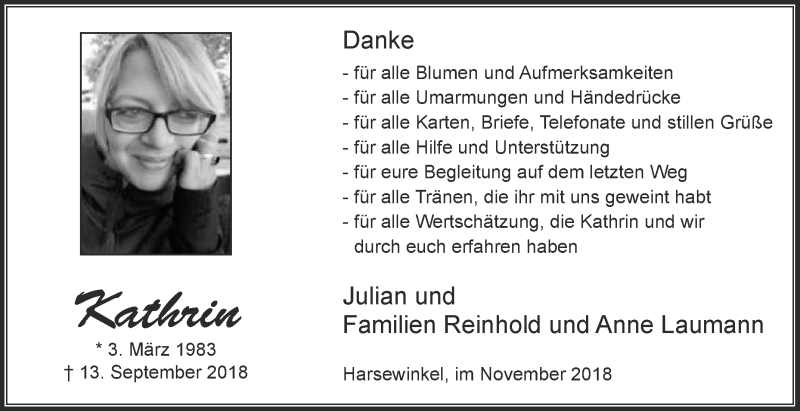  Traueranzeige für Kathrin Laumann vom 24.11.2018 aus Die Glocke