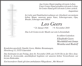 Traueranzeige von Leo Geers von Die Glocke