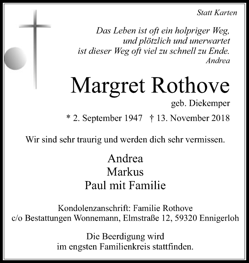  Traueranzeige für Margret Rothove vom 17.11.2018 aus Die Glocke