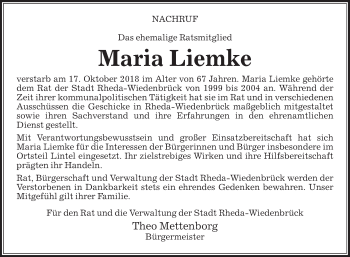 Traueranzeige von Maria Liemke von Die Glocke