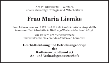 Traueranzeige von Maria Liemke von Die Glocke