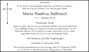 Traueranzeige von Maria Westhus-Stellmach von Die Glocke