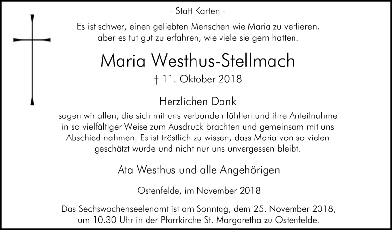  Traueranzeige für Maria Westhus-Stellmach vom 10.11.2018 aus Die Glocke