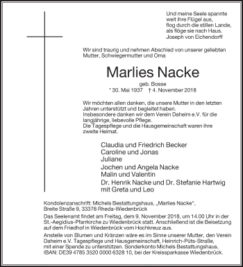 Traueranzeige von Marlies Nacke von Die Glocke