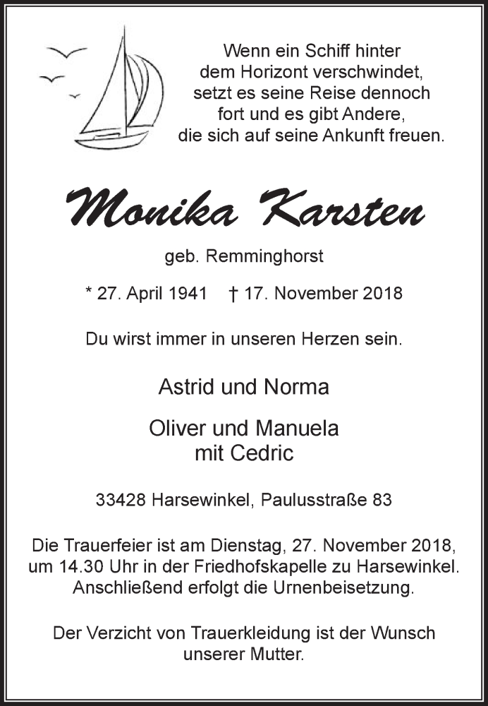  Traueranzeige für Monika Karsten vom 22.11.2018 aus Die Glocke
