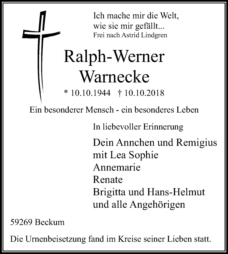  Traueranzeige für Ralph-Werner Warnecke vom 01.11.2018 aus Die Glocke