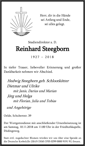 Traueranzeige von Reinhard Steegborn von Die Glocke