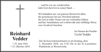 Traueranzeige von Reinhard Vedder von Die Glocke