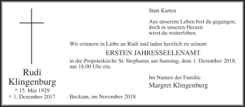 Traueranzeige von Rudi Klingenburg von Die Glocke