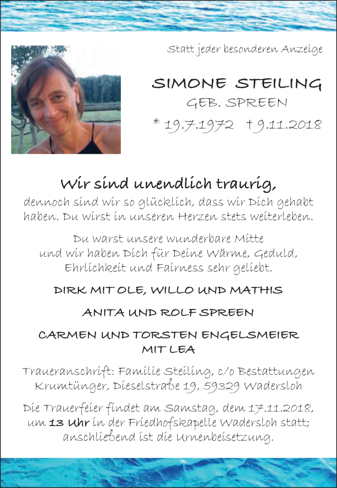  Traueranzeige für Simone Steiling vom 15.11.2018 aus Die Glocke