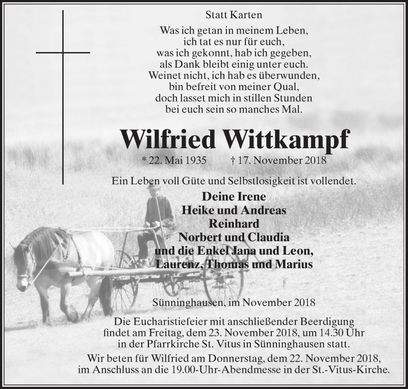  Traueranzeige für Wilfried Wittkampf vom 21.11.2018 aus Die Glocke