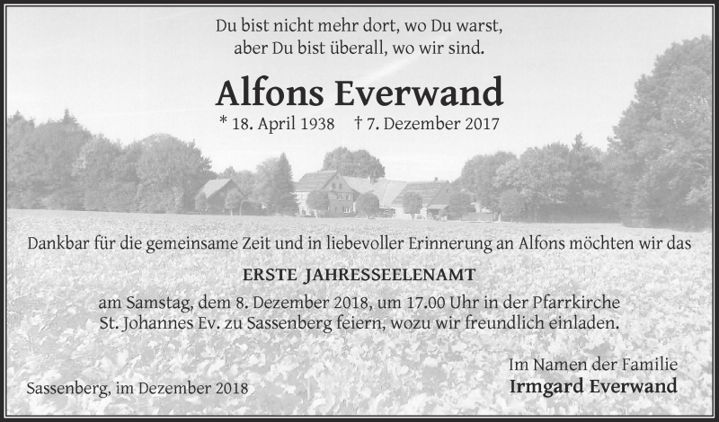  Traueranzeige für Alfons Everwand vom 01.12.2018 aus Die Glocke