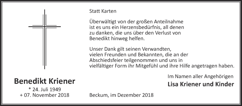  Traueranzeige für Benedikt Kriener vom 29.12.2018 aus Die Glocke