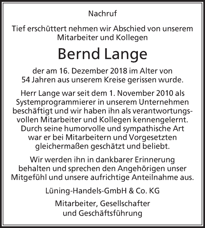  Traueranzeige für Bernd Lange vom 22.12.2018 aus Die Glocke