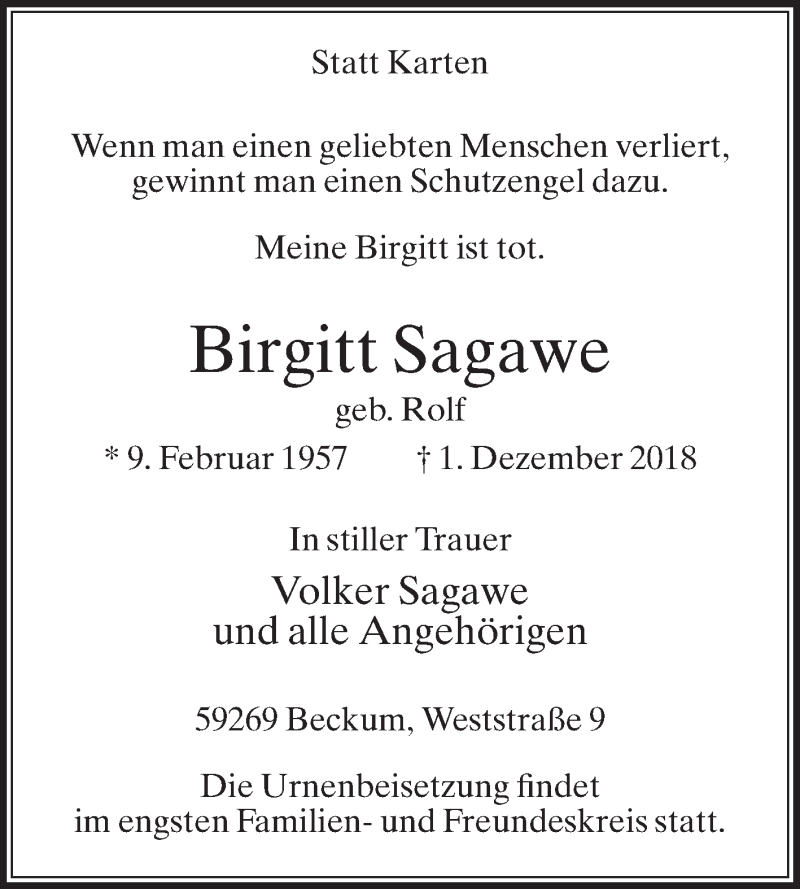  Traueranzeige für Birgitt Sagawe vom 05.12.2018 aus Die Glocke