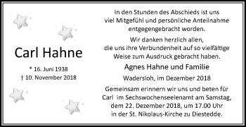 Traueranzeige von Carl Hahne von Die Glocke