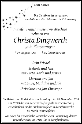 Traueranzeige von Christa Dingwerth von Die Glocke