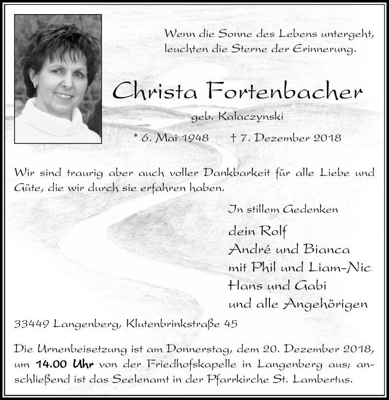  Traueranzeige für Christa Fortenbacher vom 13.12.2018 aus Die Glocke