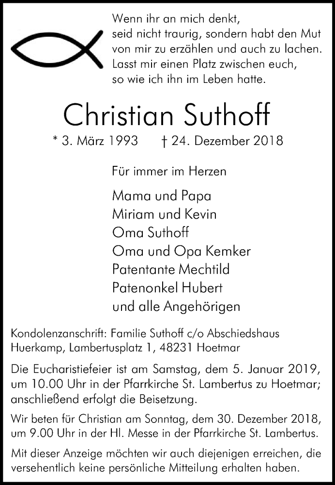  Traueranzeige für Christian Suthoff vom 29.12.2018 aus Die Glocke