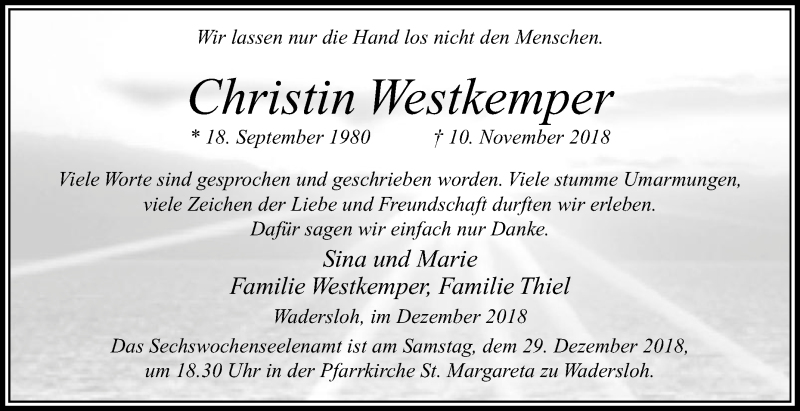  Traueranzeige für Christin Westkemper vom 22.12.2018 aus Die Glocke