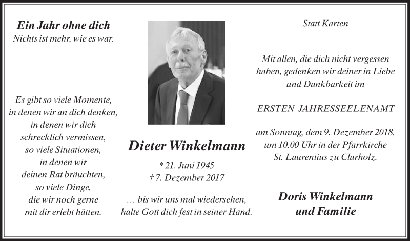  Traueranzeige für Dieter Winkelmann vom 01.12.2018 aus Die Glocke