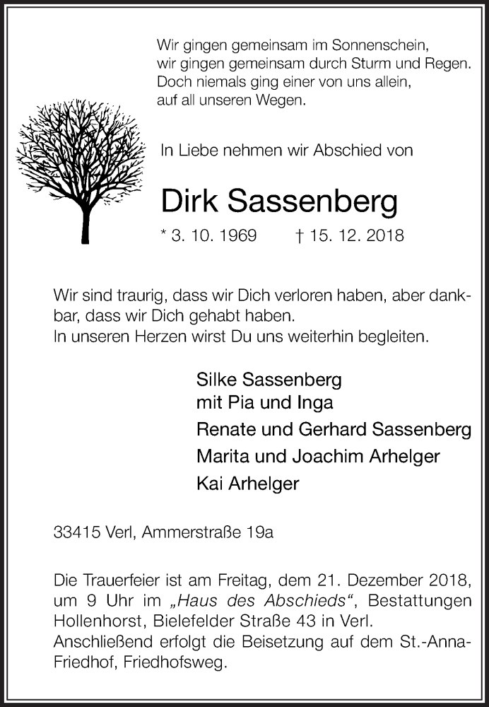  Traueranzeige für Dirk Sassenberg vom 18.12.2018 aus Die Glocke