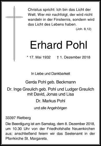 Traueranzeige von Erhard Pohl von Die Glocke
