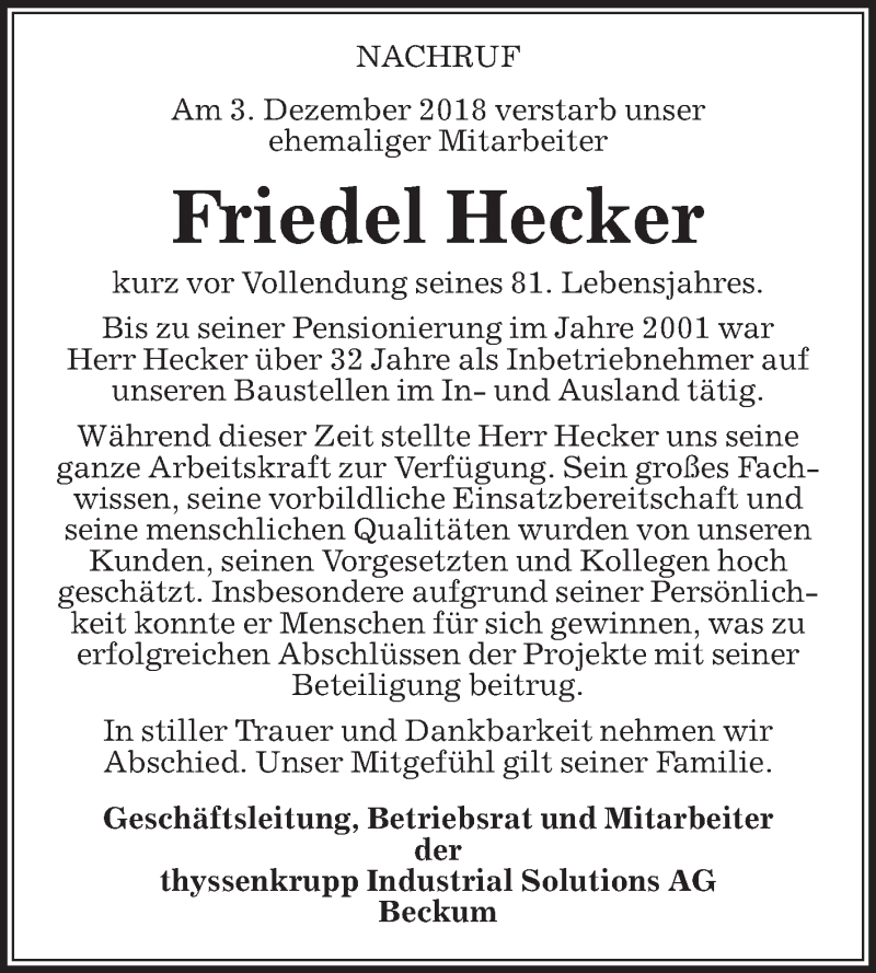  Traueranzeige für Friedel Hecker vom 11.12.2018 aus Die Glocke