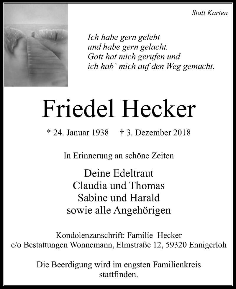  Traueranzeige für Friedel Hecker vom 08.12.2018 aus Die Glocke