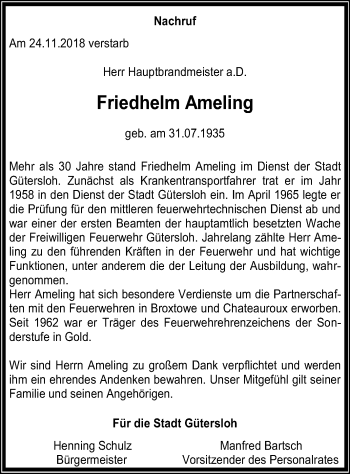 Traueranzeige von Friedhelm Ameling von Die Glocke